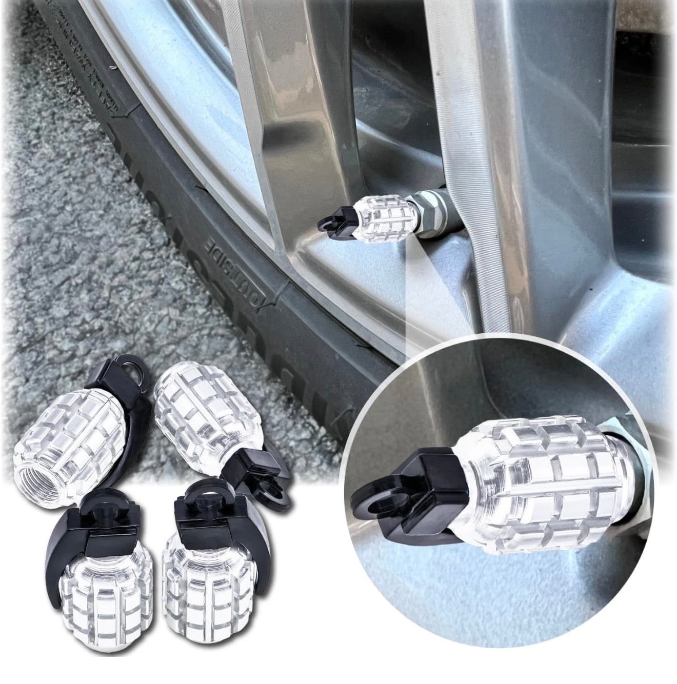 4-Piece Chrome Grenade Tire Valve Caps – Stainless Steel, Universal Fit