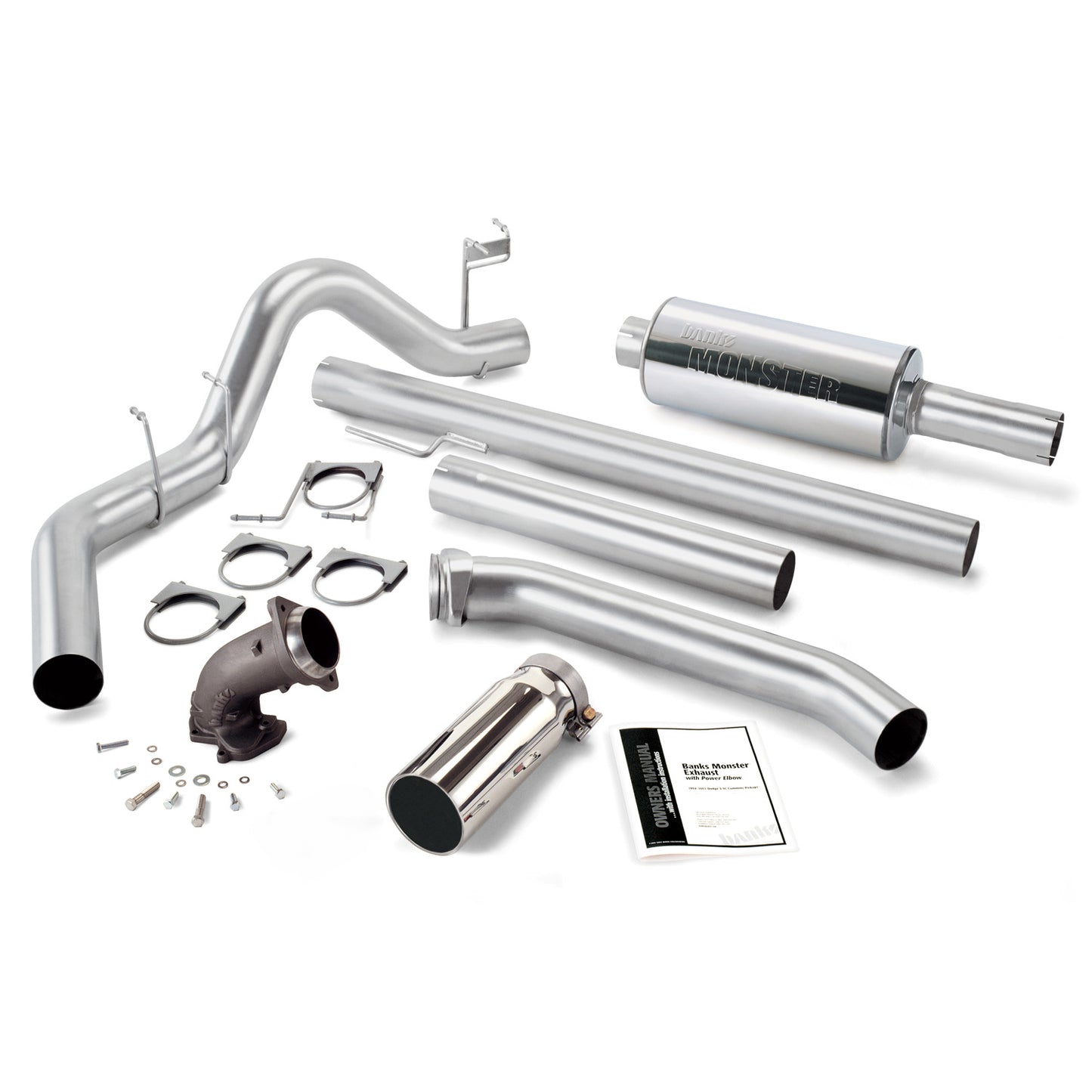 Monster Exhaust System W/Power Elbow Single Exit Chrome Round Tip 98-02 Dodge 5.9L Standard Cab Banks Power