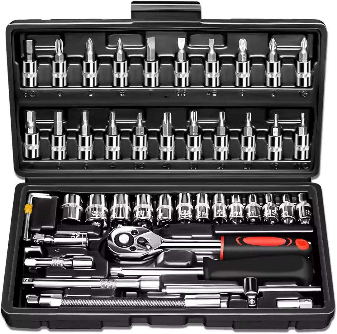 46 Pieces 1/4 Inch Drive Socket Ratchet Wrench Set with Bit Socket Set Metric