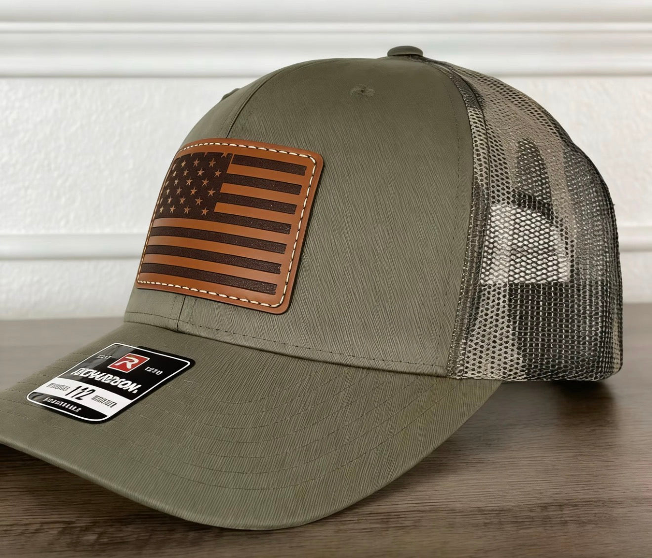 Green Leather Patch Camo Flag Hat