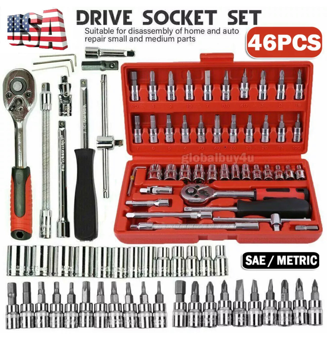 46PCS Drive Socket Set 1/4" Socket Ratchet Wrench Tool Set Metric SAE With Case