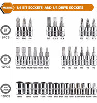 46PCS Drive Socket Set 1/4" Socket Ratchet Wrench Tool Set Metric SAE With Case