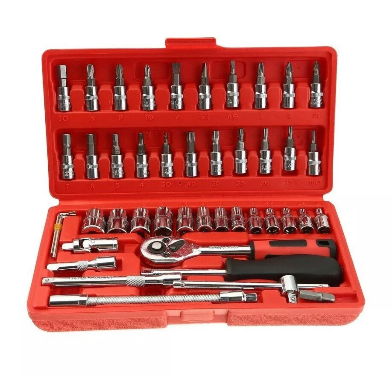 46PCS Drive Socket Set 1/4" Socket Ratchet Wrench Tool Set Metric SAE With Case